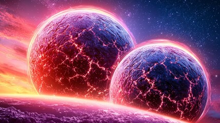 Poster - Cosmic Landscape with Dual Planets and Vibrant Stellar Background in Bright Colors