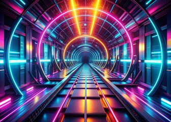 Wall Mural - Abstract Neon Tunnel Background: Futuristic Technology Design