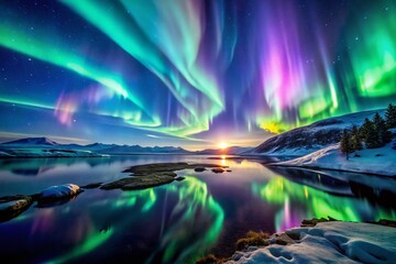 Wall Mural - Abstract Night Landscape: Aurora Borealis with High Depth of Field