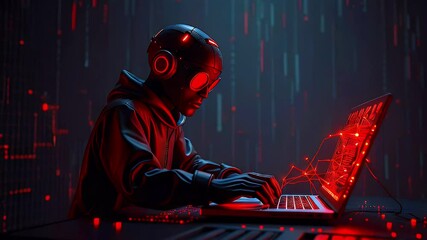 Cyborg Hacker Coding Red Laptop Dark Room.