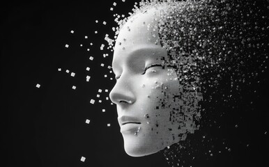 Poster - A white humanoid face made of pixels disintegrating into particles on a black background. The head is composed of square and rectangular shapes. Ideal for AI, digital art, and futuristic visuals