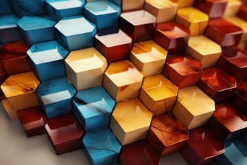 Poster - Abstract Hexagon Pattern with Chaotic Color Arrangement in Vibrant Blues, Reds, Yellows, and Textures for Unique Backgrounds and Designs