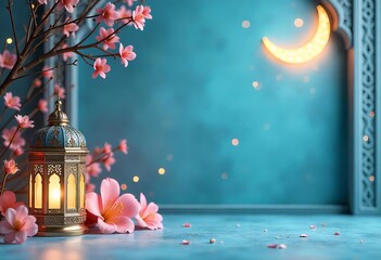 Wall Mural - Richly Islamic decoration background with elegant blue lanterns and a crescent moon for Ramadan celebrations