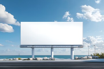 Blank Billboard Overlooking Ocean Coastline Scene