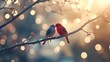 © pjjaruwan - Lovebirds on a branch Valentines Day background with two lovebirds perched on a tree branch, soft lighting, romantic ambiance
