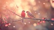 © pjjaruwan - Lovebirds on a branch Valentines Day background with two lovebirds perched on a tree branch, soft lighting, romantic ambiance