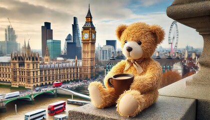 Wall Mural - A teddy bear on a ledge holding a mug, overlooking the London cityscape...Concept: Travel and leisure, relaxation, bear enjoying view of city.