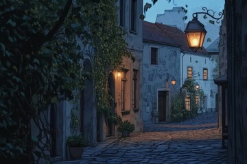 Poster - A tranquil evening scene in a quaint cobblestone street