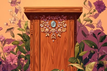 Wall Mural - Ornate Wooden Cabinet Adorned With Gemstone Flowers