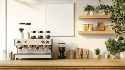 Poster - A bright coffee shop design with a blank white frame, a stylish coffee machine on a light wooden counter, and rustic wooden shelves.