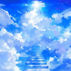 Wall Mural - stairway to heaven with radiant sun rays, blue sky, and white clouds – inspirational concept