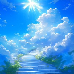 Wall Mural - stairway to heaven with radiant sun rays, blue sky, and white clouds – inspirational concept