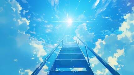 Wall Mural - stairway to heaven with radiant sun rays, blue sky, and white clouds – inspirational concept