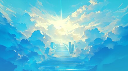 Wall Mural - stairway to heaven with radiant sun rays, blue sky, and white clouds – inspirational concept