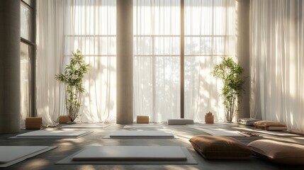 Wall Mural - A tranquil retreat space featuring large windows, sheer curtains, yoga mats, and minimalist decor, bathed in warm natural light