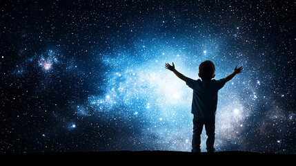 reaching for the stars: a child stands with arms outstretched, silhouetted against a breathtaking ni