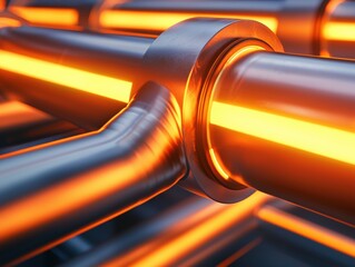 Poster - Close-up of Industrial Pipes with Bright Neon Orange Light Glowing Effect