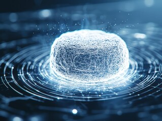 Poster - Futuristic glowing sphere surrounded by digital lines and particles in space