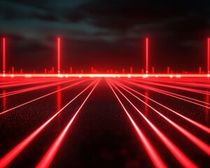 Poster - Vibrant Red Laser Beams Cutting Through Darkness in Futuristic Digital Landscape
