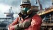 © MILKY_PS - Industrial worker with safety mask and gloves ready for a hard day's work He is wearing a hard hat, safety glasses, and a respirator The worker is standing in front of a shipyard with cranes and
