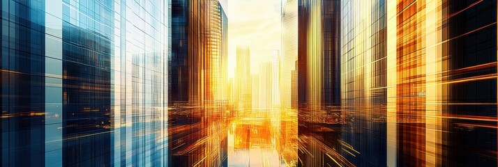 Futuristic cityscape, towering skyscrapers, golden sunset, radiant light beams, dynamic motion blur, upward perspective, glass and steel architecture, urban energy, vibrant colors, abstract geometric 