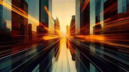 Futuristic cityscape, towering skyscrapers, golden sunset, radiant light beams, dynamic motion blur, upward perspective, glass and steel architecture, urban energy, vibrant colors, abstract geometric 