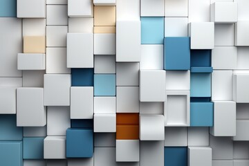 Poster - Various 3D blocks neatly organized to create a colorful wall design, showcasing a modern aesthetic with varying sizes and shapes in harmonious arrangement
