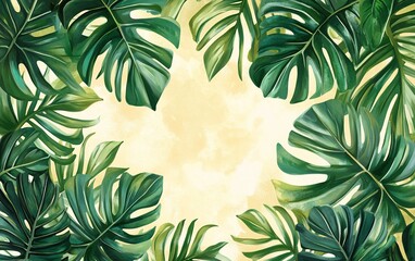 Poster - Green tropical monstera leaves border yellow background.