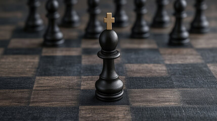 Wall Mural - black chess king piece with gold cross stands prominently on chessboard, symbolizing strategy and power in game of chess