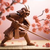 A samurai in clay armor is posed in a dynamic stance ready for b