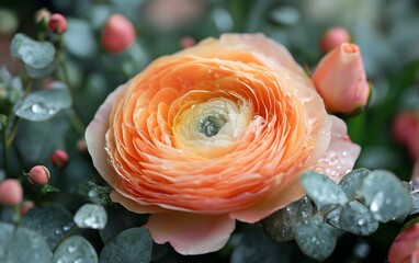 Aufkleber - Peach ranunculus blooms among dewy foliage.