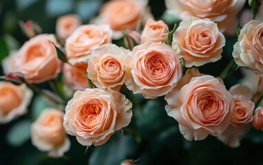 Aufkleber - Peach roses bunch, open blooms, soft light, closeup view.