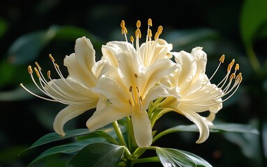 Aufkleber - Creamy flowers with yellow stamens and dark green leaves.