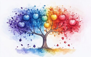 Poster - Watercolor tree with rainbow apples.