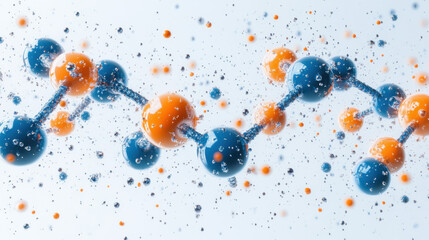 Wall Mural - Molecules represented as colorful spheres in blue and orange, showcasing dynamic arrangement with bubbles, symbolizing scientific concepts and molecular structures