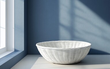 Poster - White woven basket on floor, light shadows on wall.