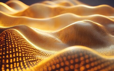 Poster - Golden wavy abstract 3D mesh with dot pattern.