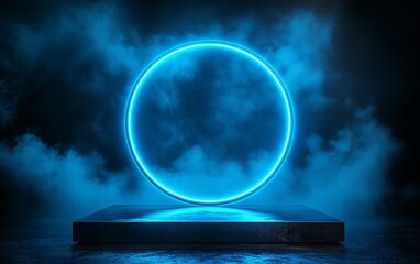 Poster - Blue neon ring on platform with dark smoky background.