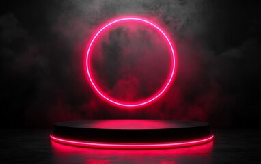 Poster - Neon red ring light platform with dark smoke.