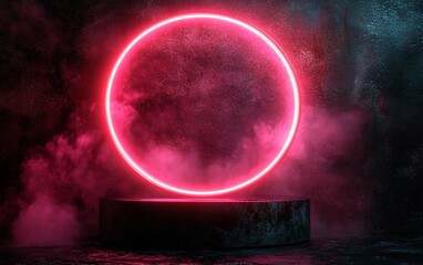 Poster - Neon pink ring with smoke on textured platform background.