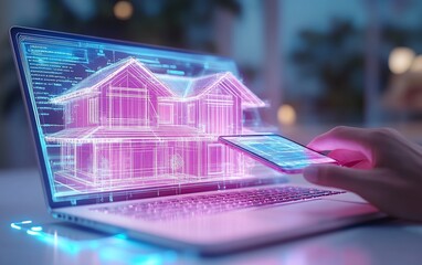 Poster - Virtual home design on laptop, with glowing holographic overlay.