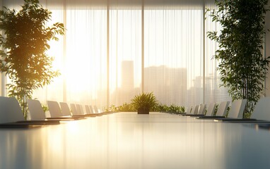 Poster - Bright boardroom with plant life, large windows, city view.