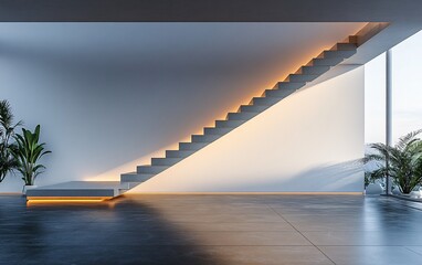 Poster - Modern staircase with warm lighting in minimalist home.