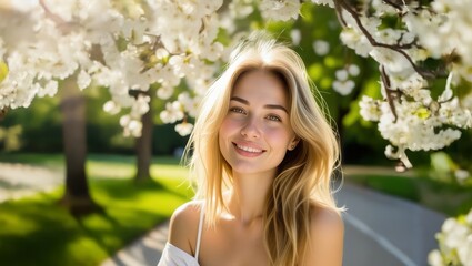spring woman close up portrait. happy female face, outside in green park. portrait of beautiful blon