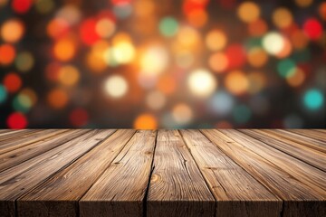 Wooden plank surface with blurred vibrant bokeh lights in the background, ideal for product display and presentation concepts. Ai generative