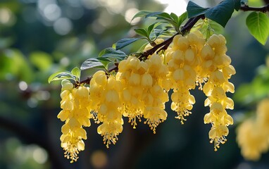 Aufkleber - Yellow dangling flower blooms on a branch.