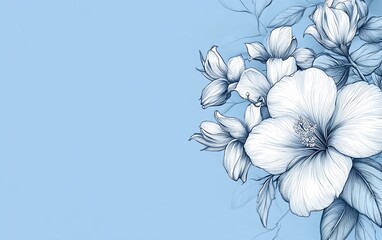 Poster - Floral sketch of hibiscus and other blooms, blue background.