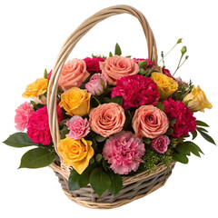 Wall Mural - Wicker basket filled with vibrant roses and carnations in pink, yellow, and peach colors, surrounded by green leaves on white