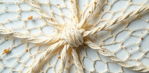 Cream-colored rope tightly knotted at the center, radiating outwards across a delicate off-white net background, creating a visually appealing texture study