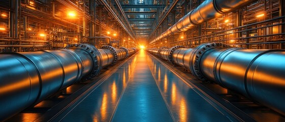 Poster - Industrial scene with illuminated pipelines in futuristic setting